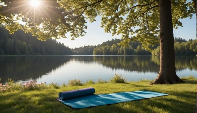 A serene outdoor setting with a clear blue sky, lush green grass, and a peaceful lake. A yoga mat is placed on the ground, surrounded by blooming flowers and tall trees