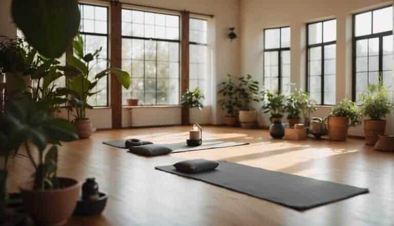 A serene yoga studio with soft natural lighting, a peaceful ambiance, and a variety of yoga props neatly arranged in the corner