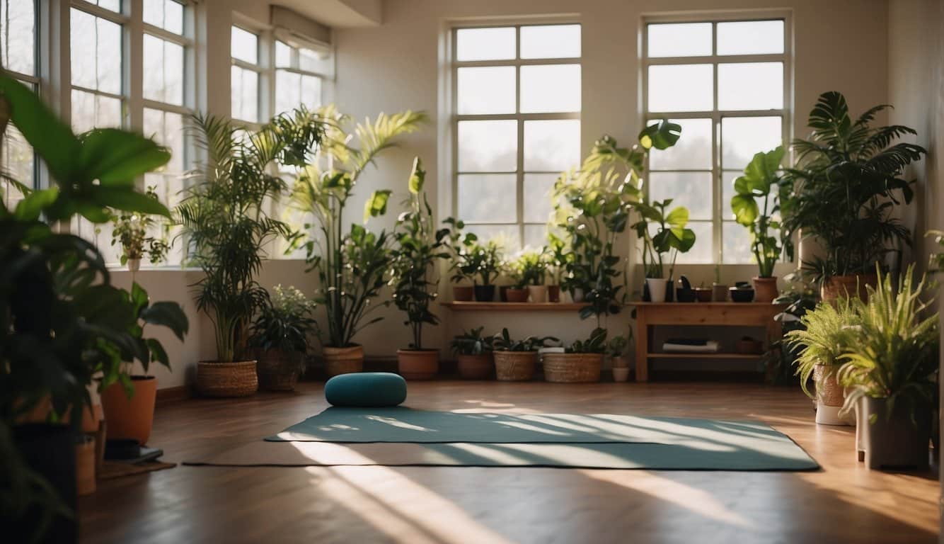 A serene yoga studio with soft lighting, plants, and calming music, creating a peaceful atmosphere for stress relief