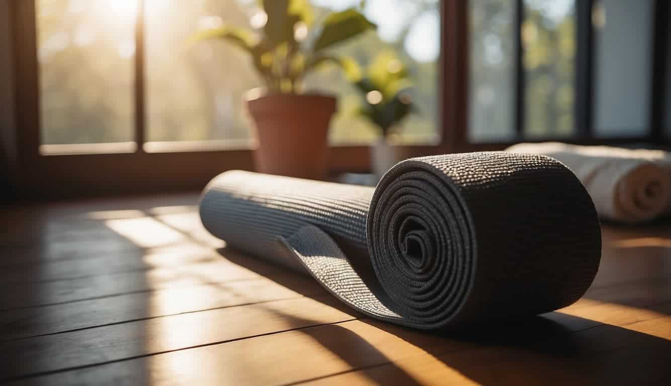 A yoga mat, blocks, and a strap lay on the floor in front of a peaceful, sunlit window