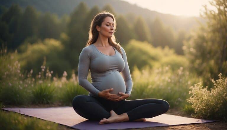 A pregnant woman in a yoga pose, surrounded by calming nature and soft lighting