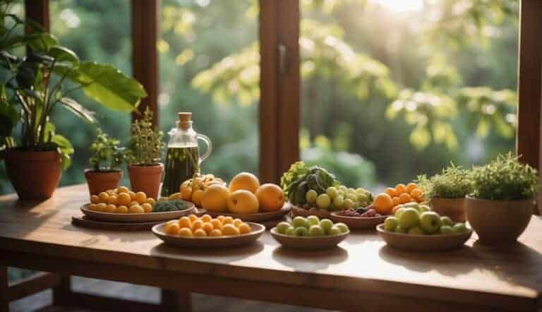 A serene yoga studio with a table of fresh fruits and vegetables, surrounded by calming nature elements like plants and water