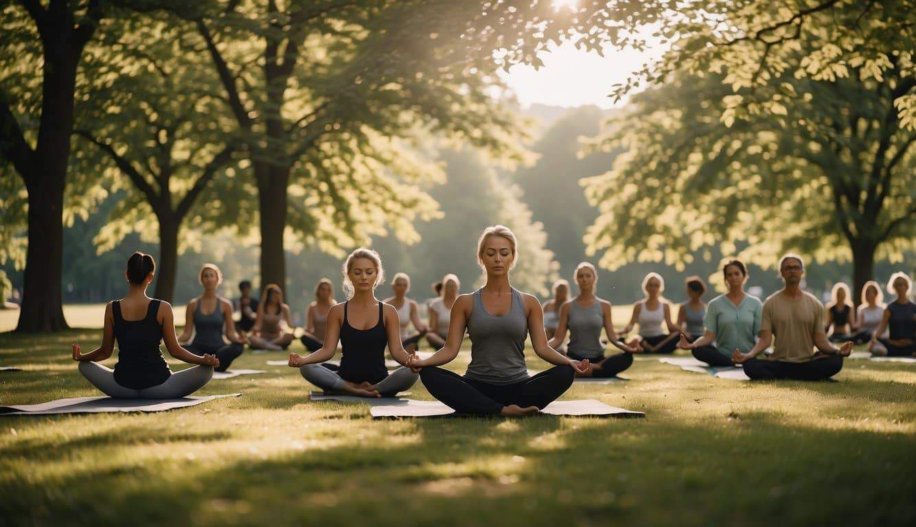 People practicing yoga in a serene park in Germany