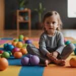 Children in yoga poses, surrounded by colorful mats and toys, with a playful and peaceful atmosphere