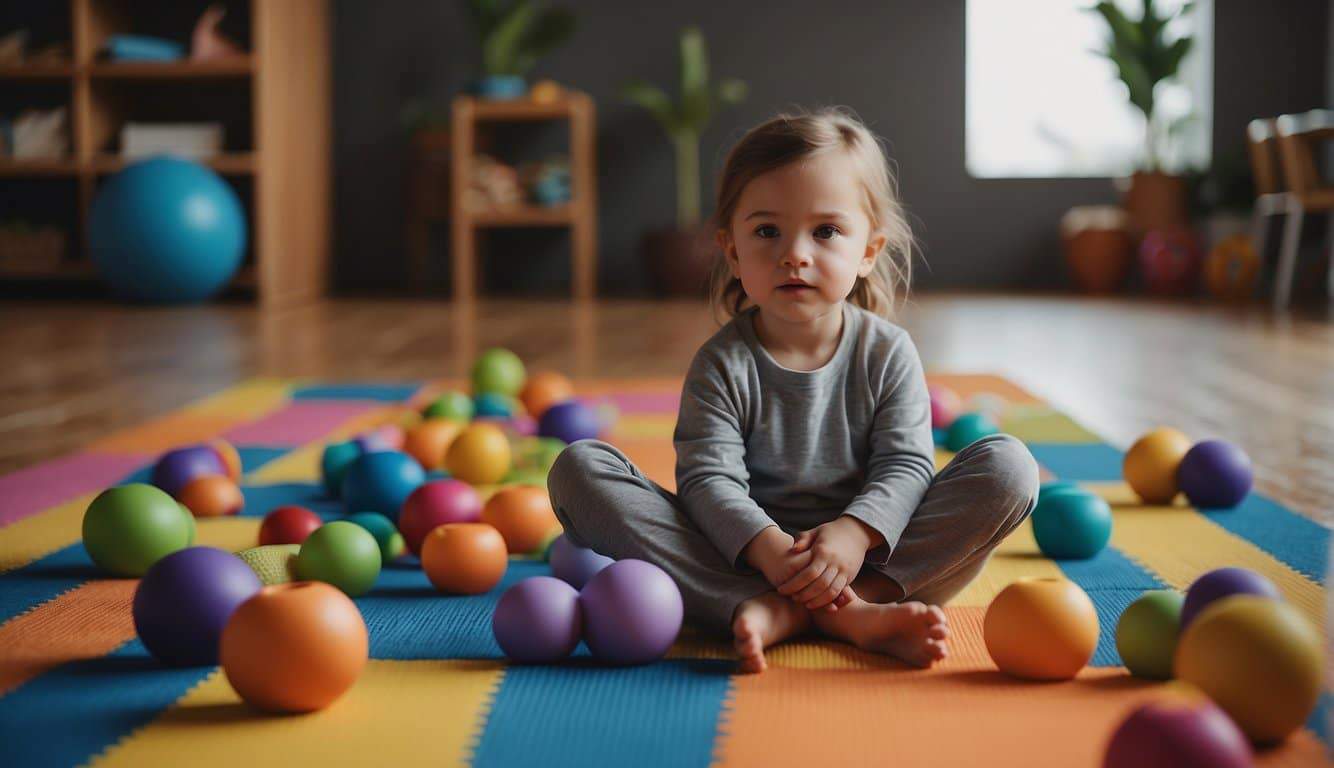 Children in yoga poses, surrounded by colorful mats and toys, with a playful and peaceful atmosphere