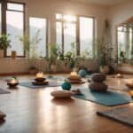 A serene yoga studio with soft lighting and peaceful music, a variety of yoga props neatly organized, and a large mirror on one wall reflecting the tranquil space