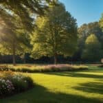 A serene park with a lush green lawn, surrounded by tall trees and colorful flowers. A clear blue sky with a few fluffy white clouds