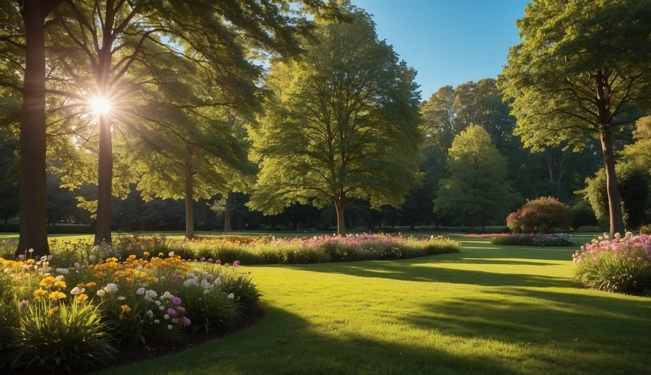 A serene park with a lush green lawn, surrounded by tall trees and colorful flowers. A clear blue sky with a few fluffy white clouds