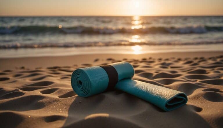 A serene beach at sunset, with a lone yoga mat laid out on the sand, facing the calm ocean waves