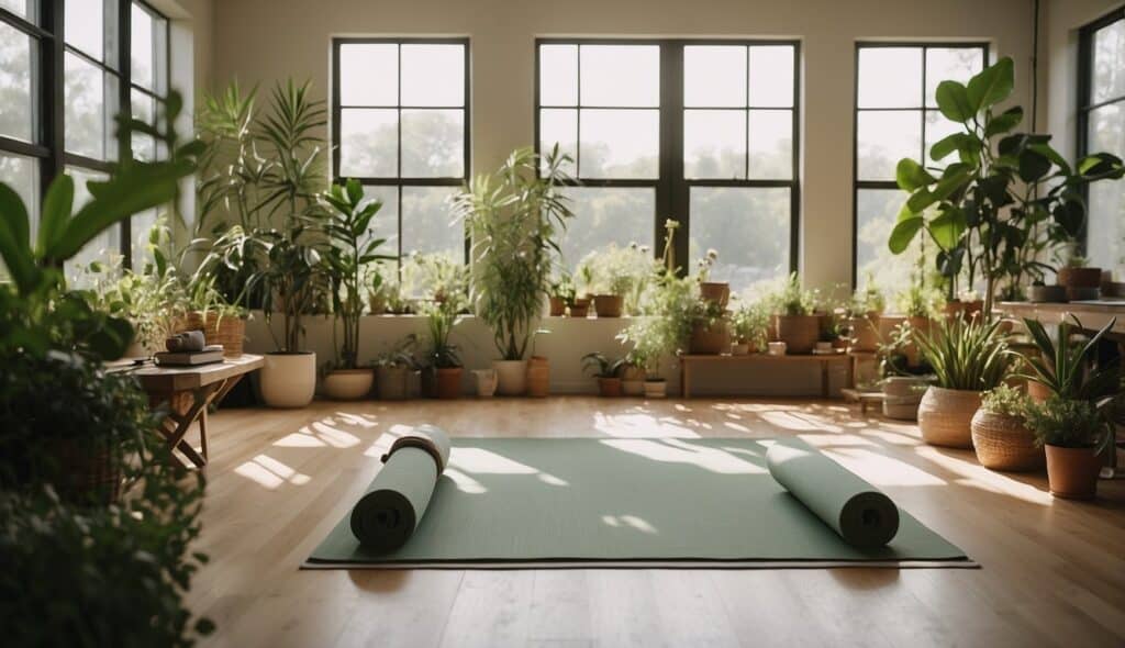 A serene yoga studio with mats and props, natural light streaming in, plants adding a touch of greenery, and a sense of calm and tranquility