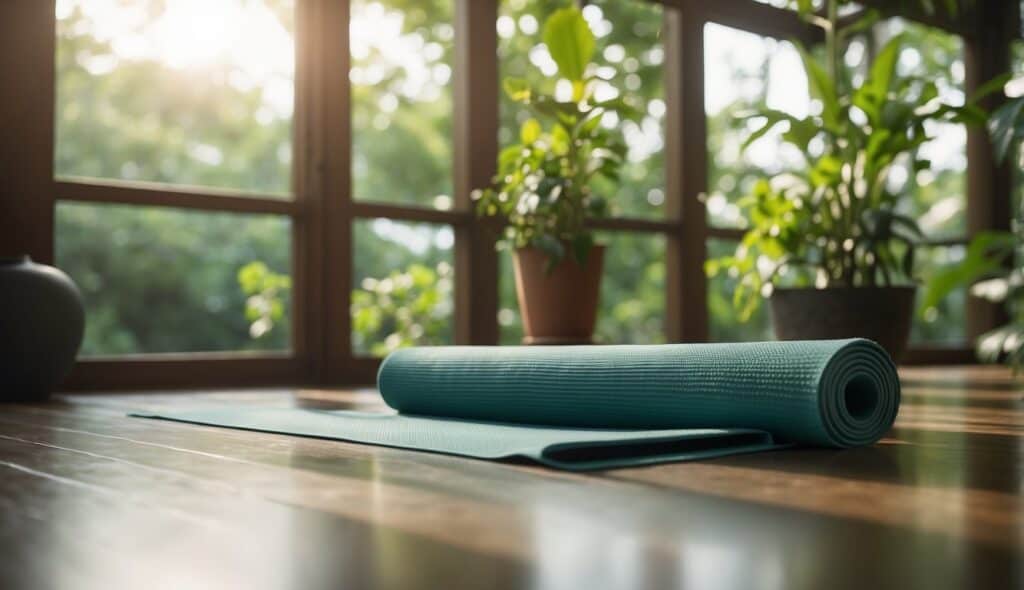 A serene yoga mat with beginner-friendly asanas, surrounded by soft natural light and lush greenery