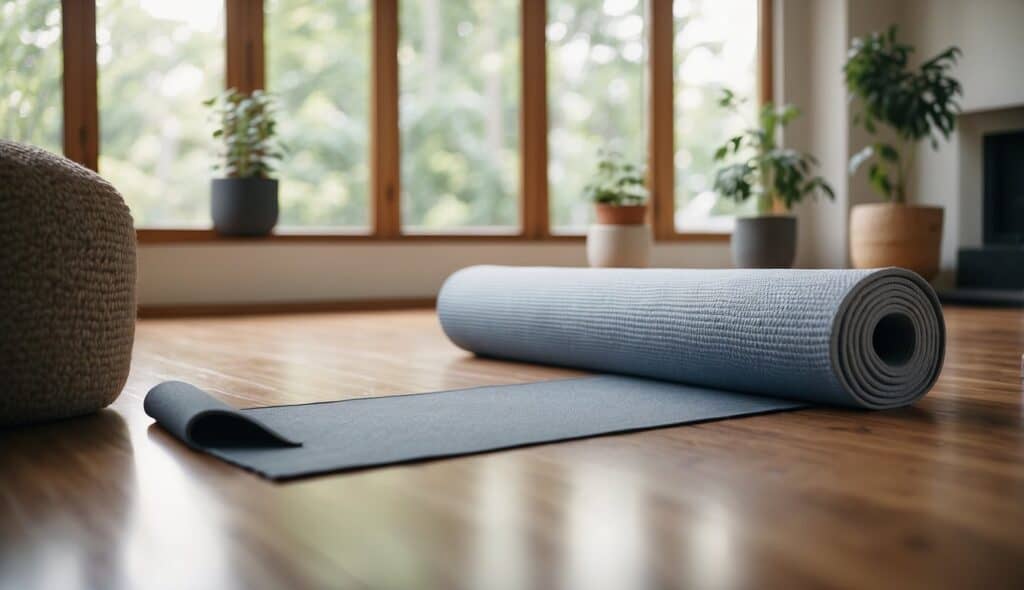 A serene living room with a yoga mat, blocks, and a bolster. Soft natural light filters in through large windows, creating a peaceful atmosphere for a beginner's yoga practice at home