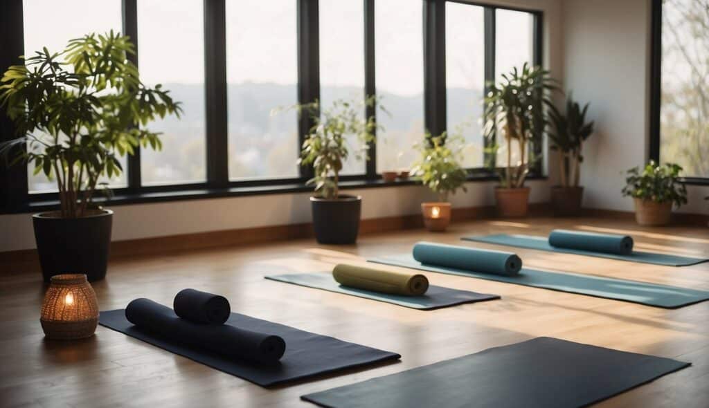 A serene yoga studio with modern decor, large windows, and a peaceful atmosphere. Mats and props are neatly arranged, and soft lighting creates a calming ambiance