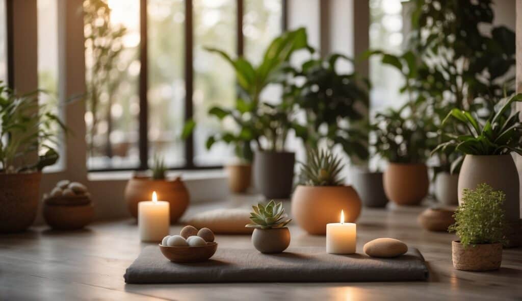 A serene yoga studio with soft lighting, plants, and calming decor. Mats and props are neatly arranged, creating a peaceful and inviting space for practice