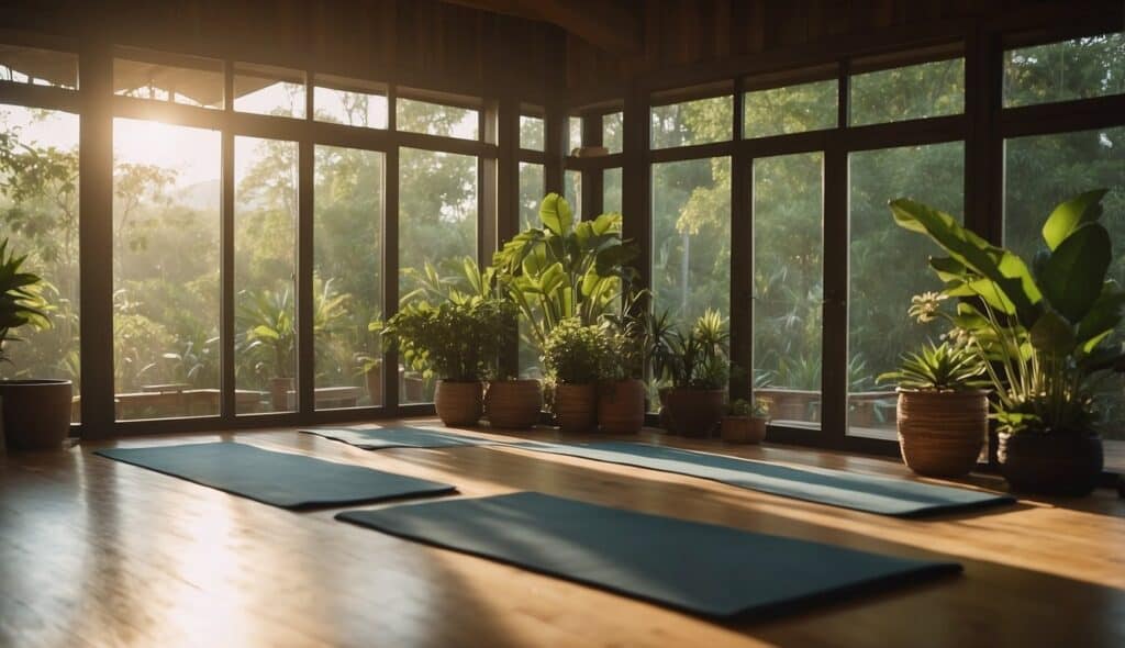 A serene yoga studio with soft lighting and calming music, surrounded by lush greenery and tranquil nature scenes