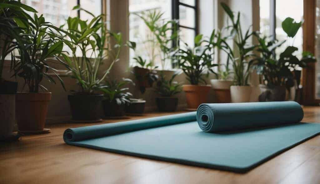 A serene setting with a yoga mat on the floor, surrounded by plants and natural light, creating a peaceful and calming atmosphere for beginner yoga practice