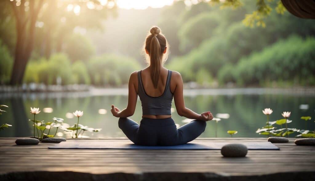 Various yoga styles depicted through symbols and imagery, such as a lotus flower, a serene landscape, and a peaceful meditation space