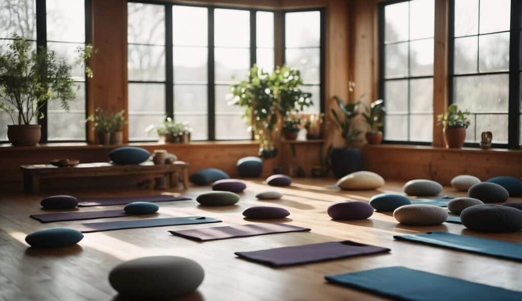 A serene yoga studio with mats and props, representing various yoga styles