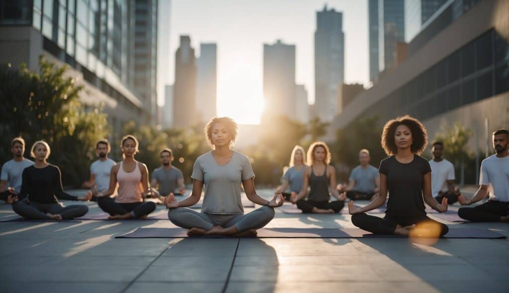 A group of diverse individuals practicing various yoga styles in a modern urban setting