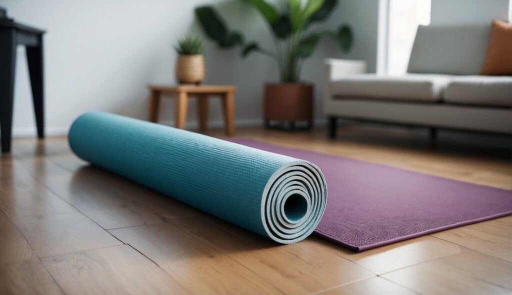 A yoga mat, blocks, and a bolster arranged on the floor for beginners