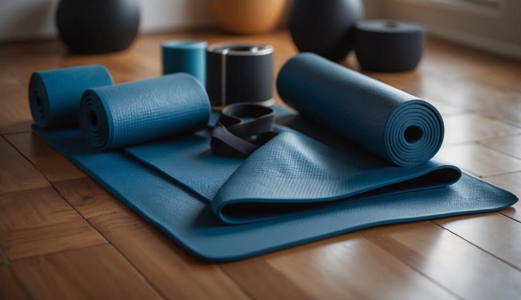 A yoga mat, blocks, and straps arranged for beginner practice