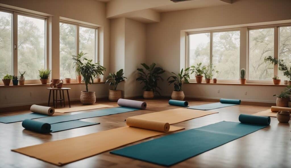 A serene yoga studio with mats, blocks, and straps. Soft lighting and calming decor create a peaceful atmosphere for beginners to practice yoga