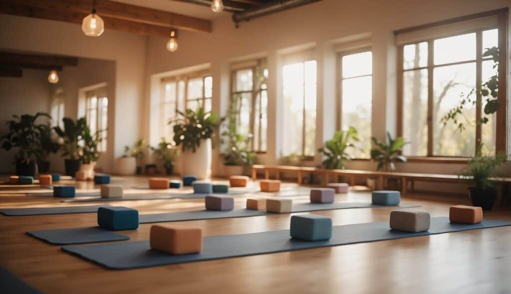 A serene yoga studio with mats, blocks, and straps. A beginner's guide to yoga on the wall. Peaceful atmosphere with soft lighting and soothing music