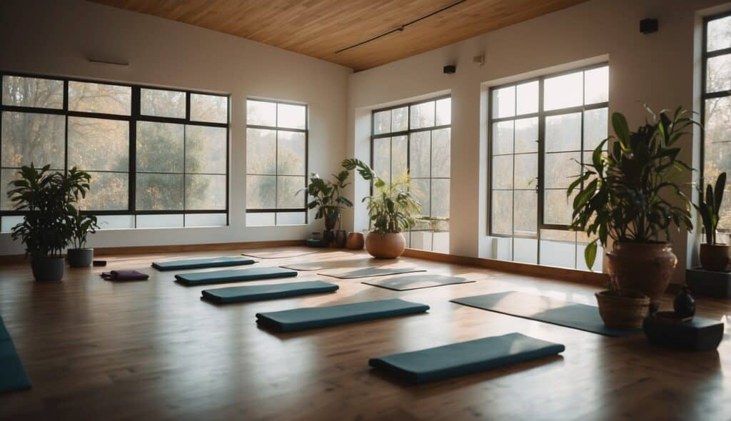 A serene yoga studio with mats, blocks, and a calming atmosphere