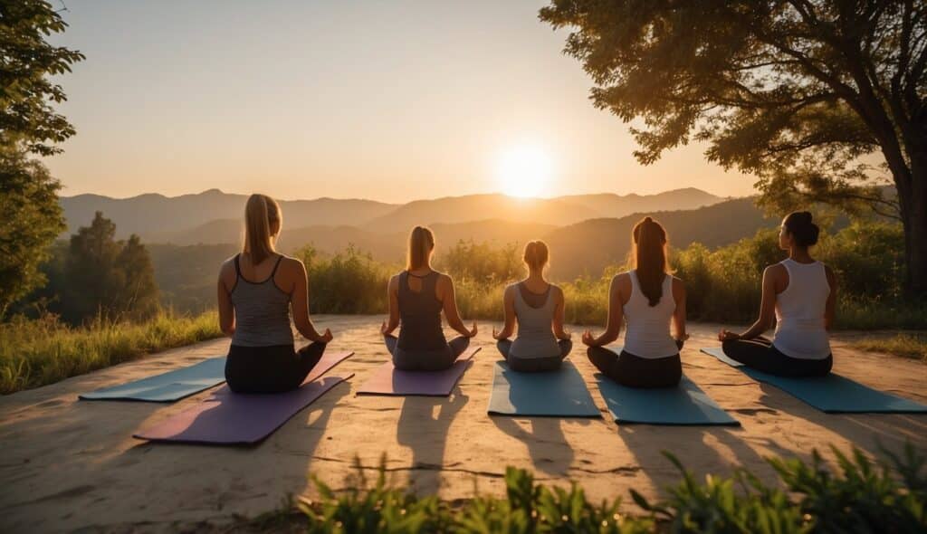 A group of women practicing yoga in a peaceful, natural setting. The sun is setting, casting a warm glow over the serene scene