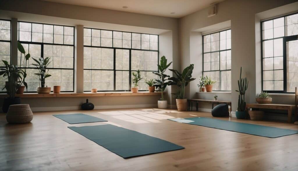 A serene yoga studio with props and mats, emphasizing safety and injury prevention