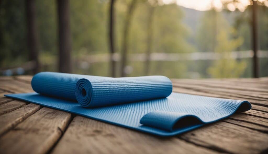 A yoga mat with props like blocks and straps, set against a peaceful natural backdrop, demonstrating various poses with correct alignment for injury prevention