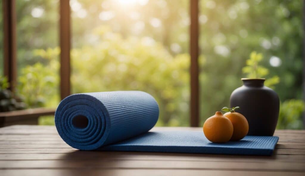 A yoga mat with various props like blocks and straps, surrounded by peaceful nature or a calming studio setting