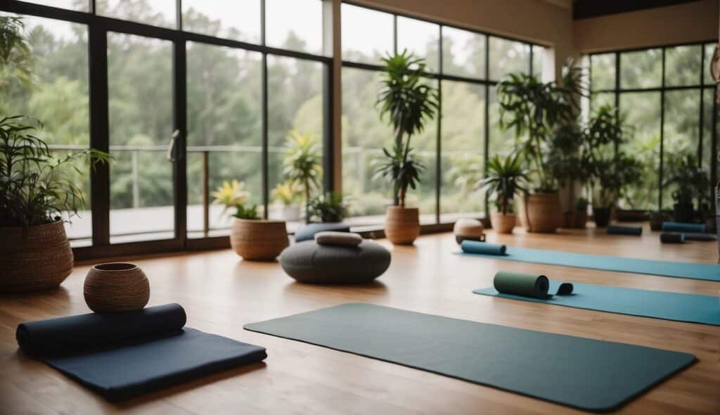 A serene yoga studio with props and mats, surrounded by lush greenery, with a calming atmosphere and natural light