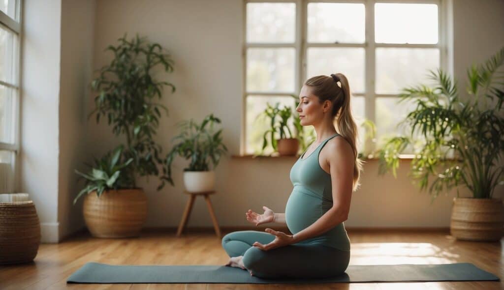 A serene pregnant woman practices yoga in a peaceful studio, surrounded by soothing colors and natural elements