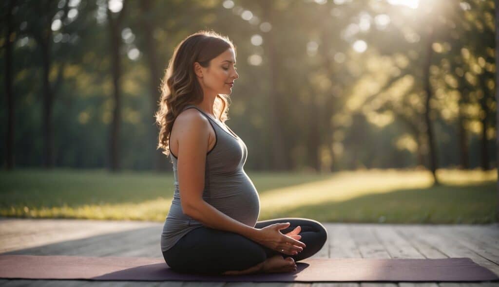 A pregnant woman practices yoga, her body changes visible