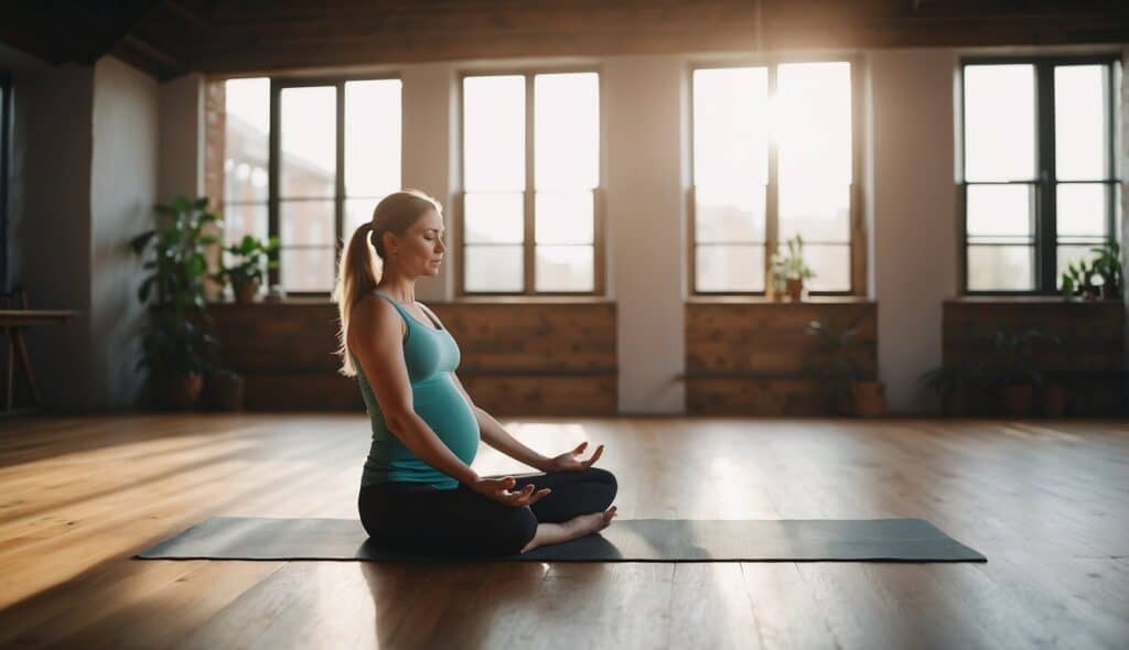 A pregnant woman practices yoga with safety guidelines and tips in a peaceful, well-lit studio