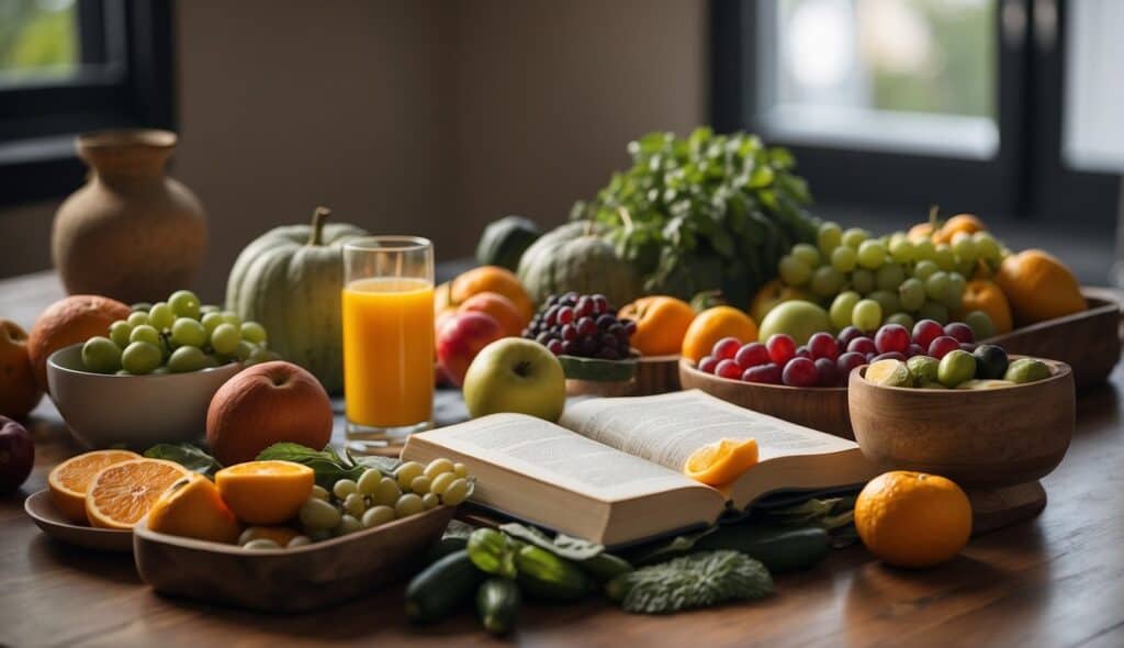 A serene yoga studio with a spread of colorful fruits and vegetables, a yoga mat, and a book on yoga and nutrition