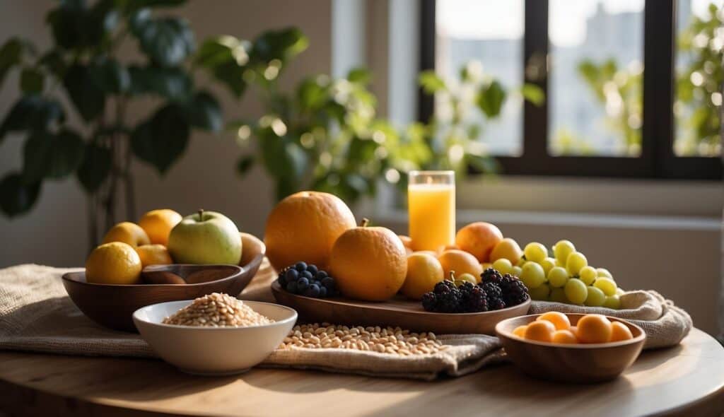 A table with fresh fruits, vegetables, and grains, surrounded by yoga mats and meditation cushions in a peaceful, sunlit room