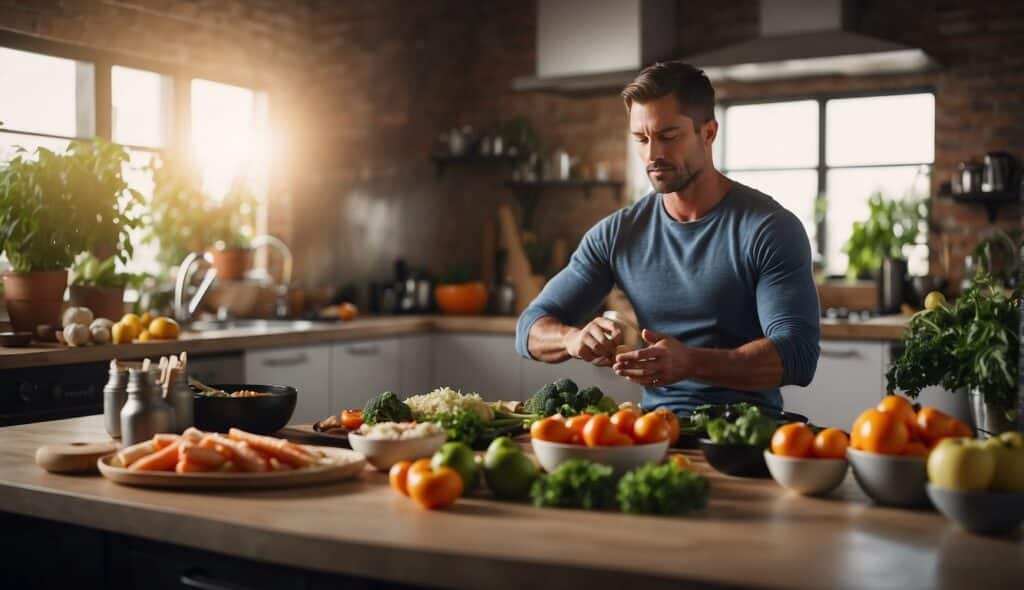 A person practicing yoga while surrounded by healthy food and cooking utensils