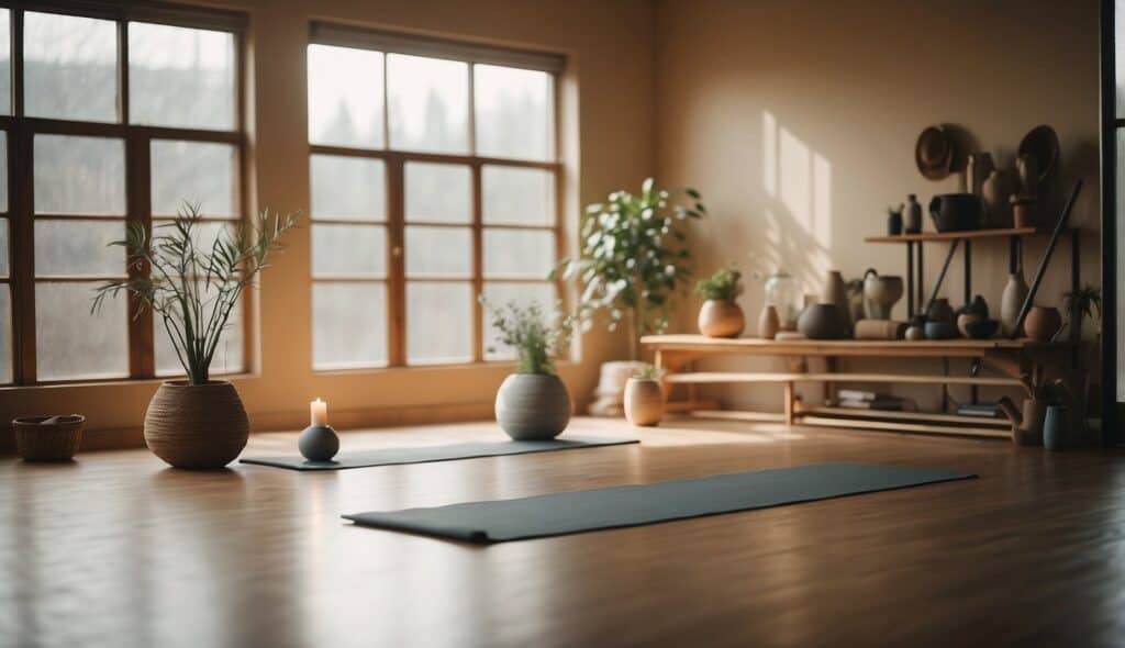 A serene yoga studio with soft lighting, a variety of yoga props neatly arranged, and a peaceful atmosphere