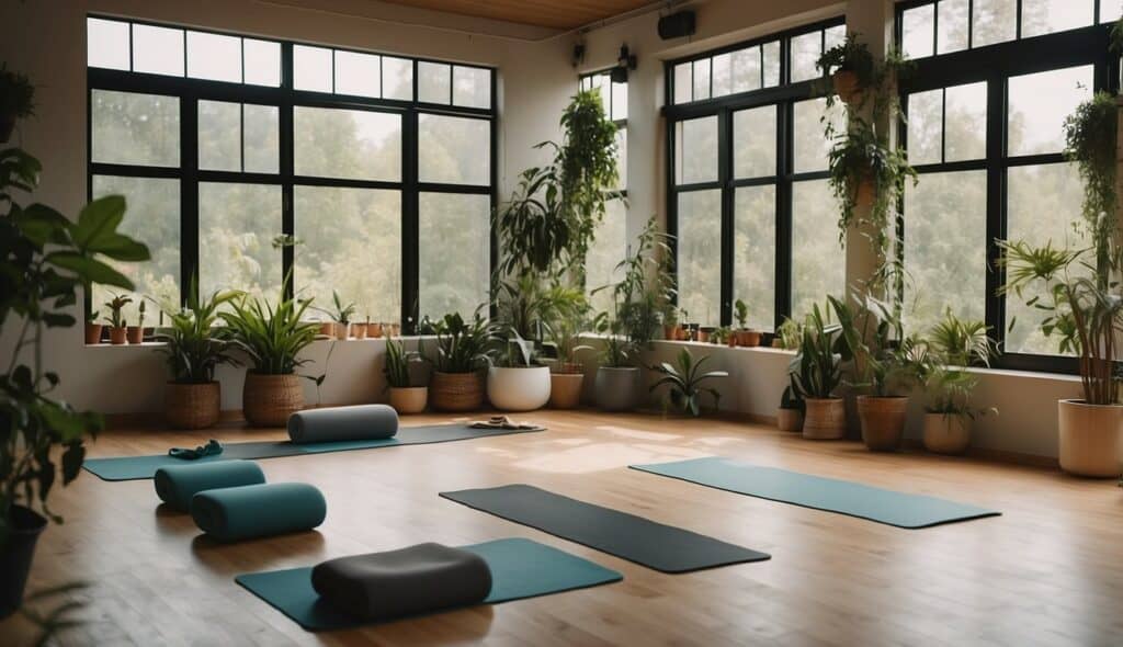 A serene yoga studio with mats and props, surrounded by greenery and natural light