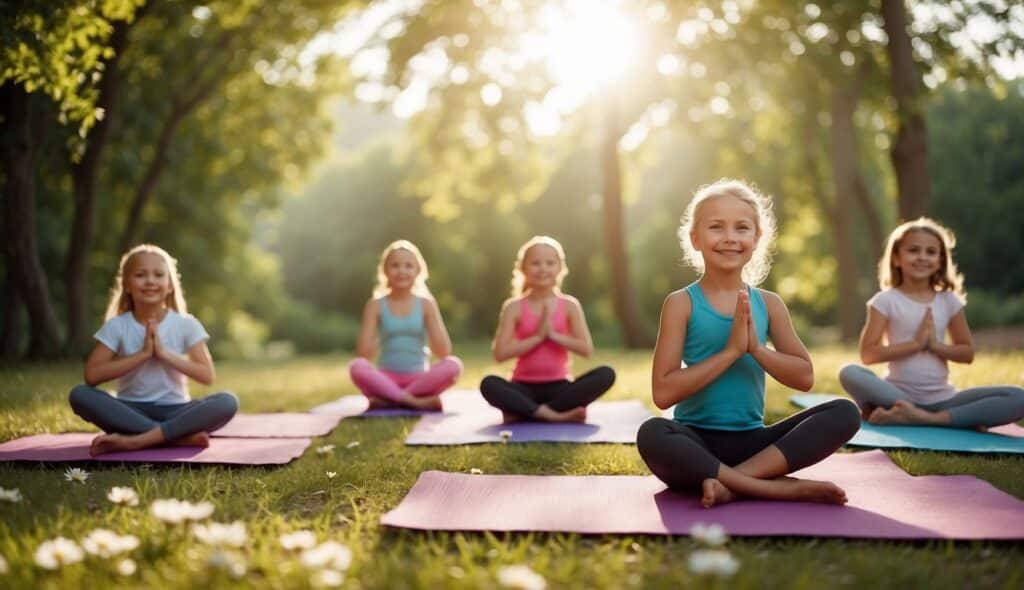 Children's yoga class with colorful mats, playful animal poses, and smiling faces. Peaceful nature backdrop with trees, flowers, and a bright sun