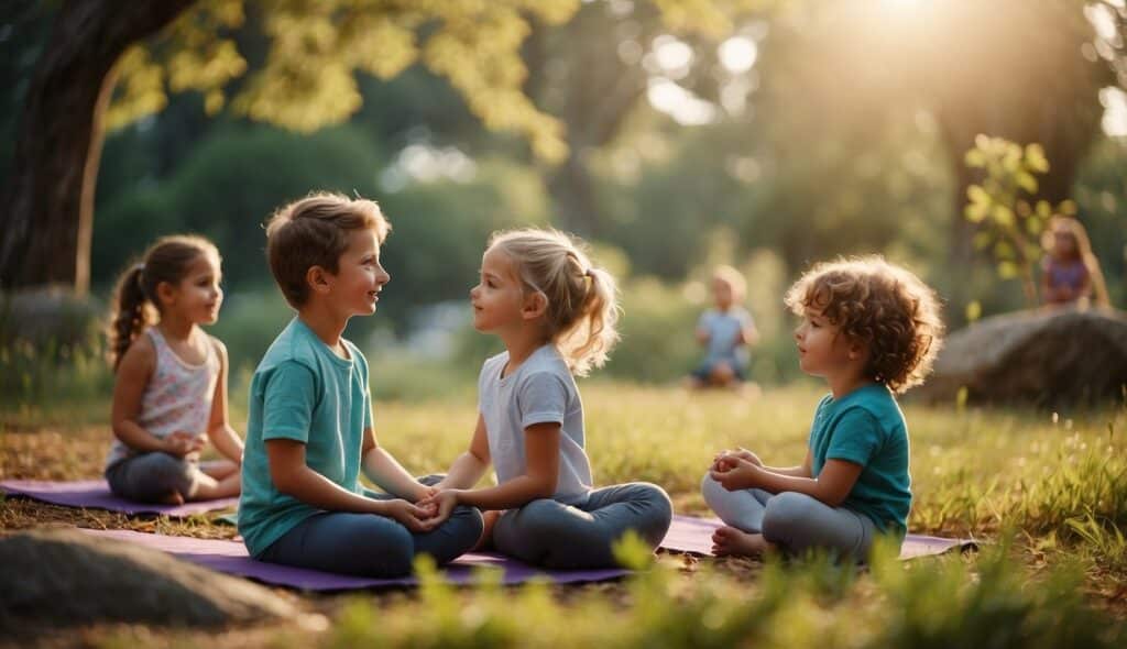 Children playing yoga games and telling stories in a colorful, nature-filled setting