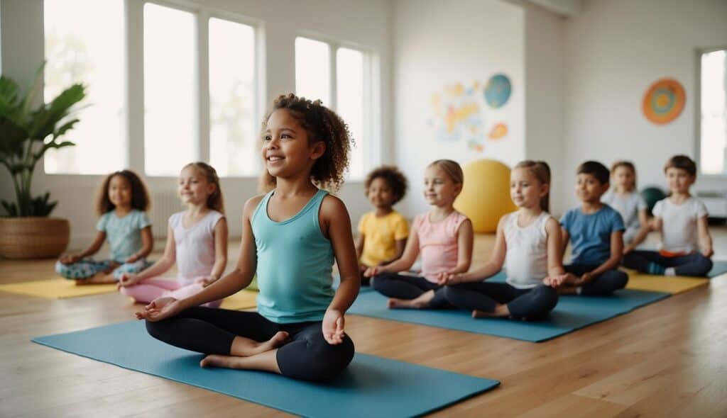 Children practicing yoga in a bright, spacious room with colorful mats and playful animal-themed props. A smiling instructor leads the class with gentle guidance and encouragement