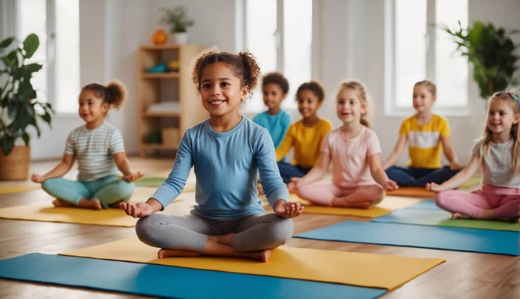 A group of children practice yoga in a bright, spacious room with colorful mats and playful animal-themed props. The room is filled with laughter and gentle music, creating a joyful and peaceful atmosphere