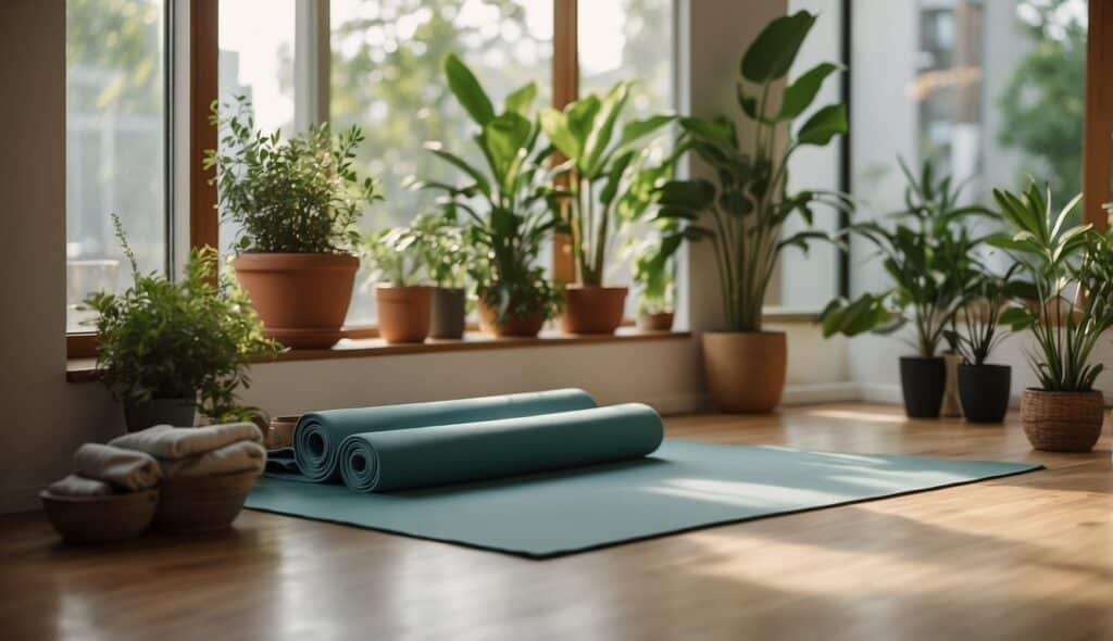 A serene yoga studio with mats and props, surrounded by plants and natural light. The atmosphere is calm and peaceful, inviting relaxation and inner focus