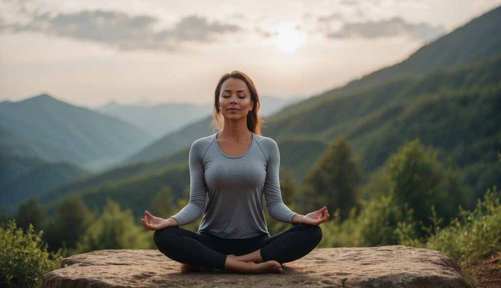 A serene setting with a person in a yoga pose, surrounded by nature, conveying peace and mental well-being