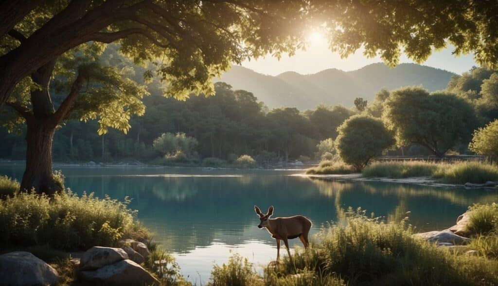 The scene shows a serene environment with natural elements like trees, water, and animals, evoking a sense of peace and tranquility