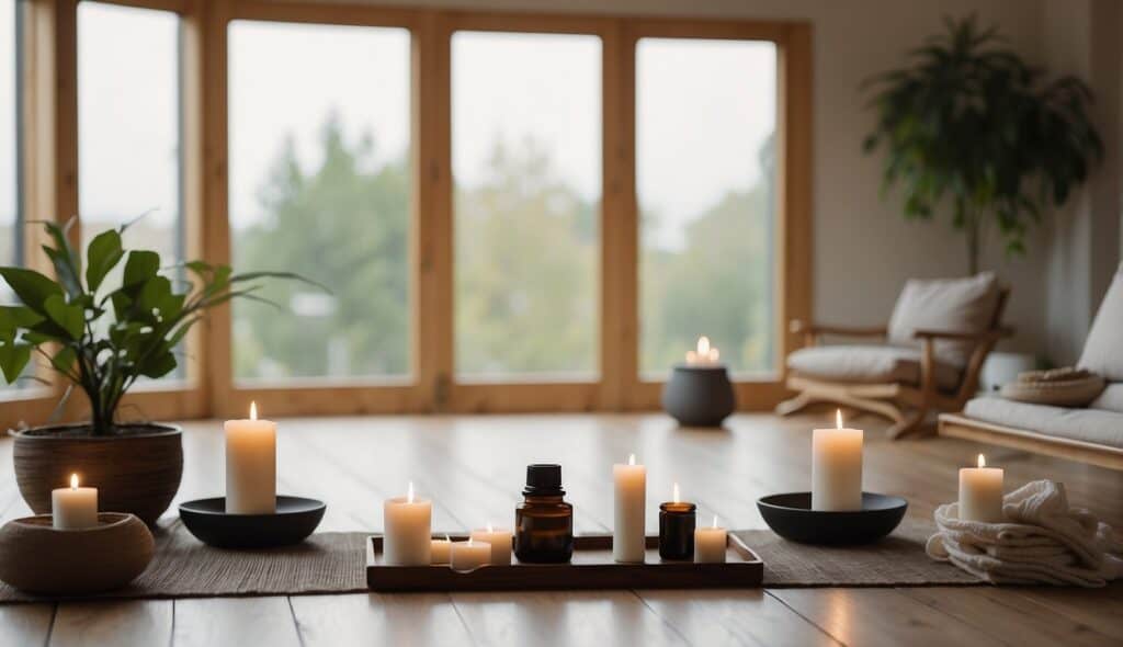 A serene room with soft lighting, yoga mats, and props. A tranquil atmosphere with soothing music and essential oils