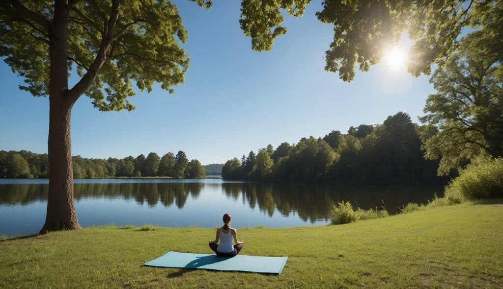 A serene outdoor setting with a clear blue sky, lush greenery, and a peaceful lake, creating a tranquil atmosphere for outdoor yoga practice